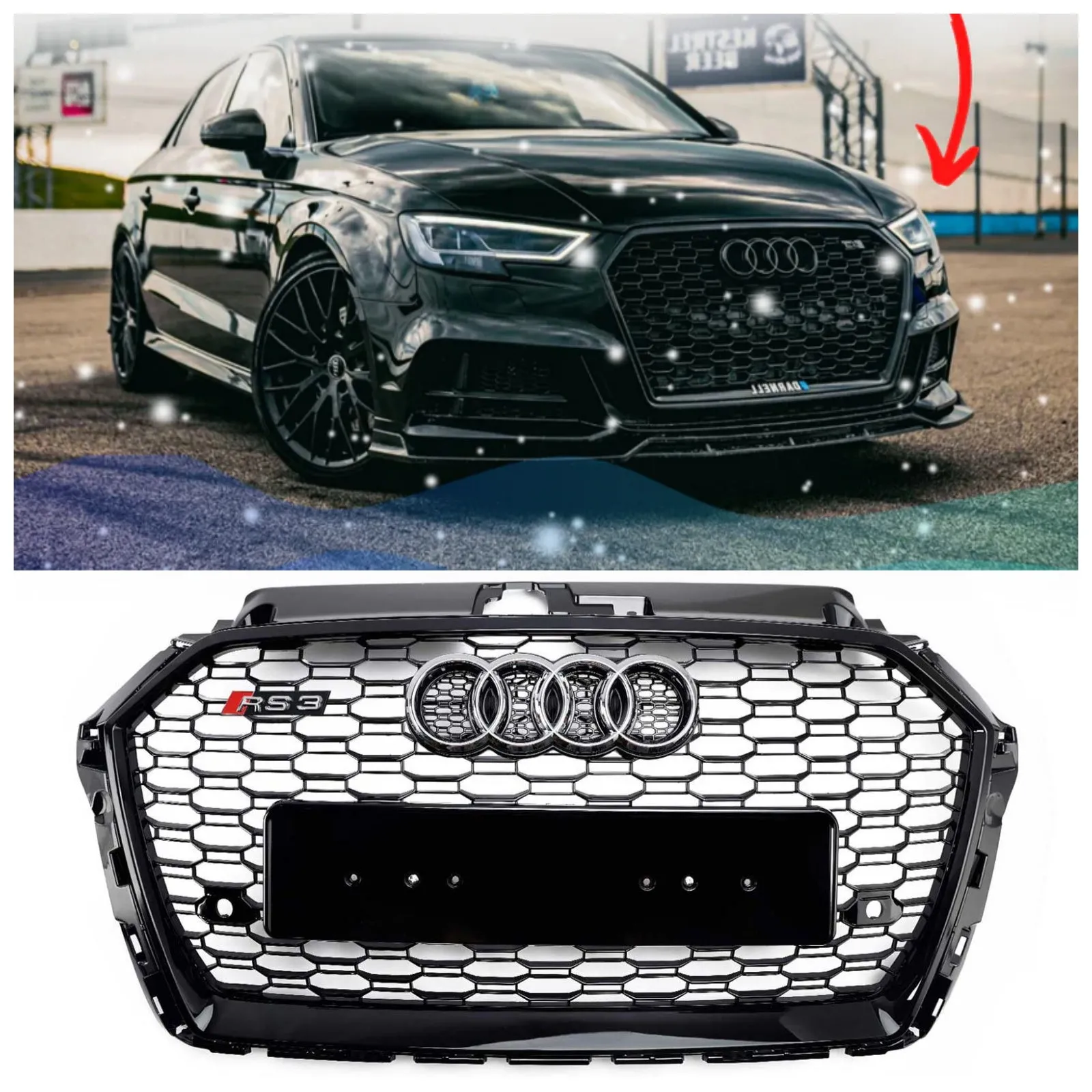 Audi A3 S3 2017-2019 RS3 RS3 BUST EN NEGRO Honeycomb para parachoques delanteros