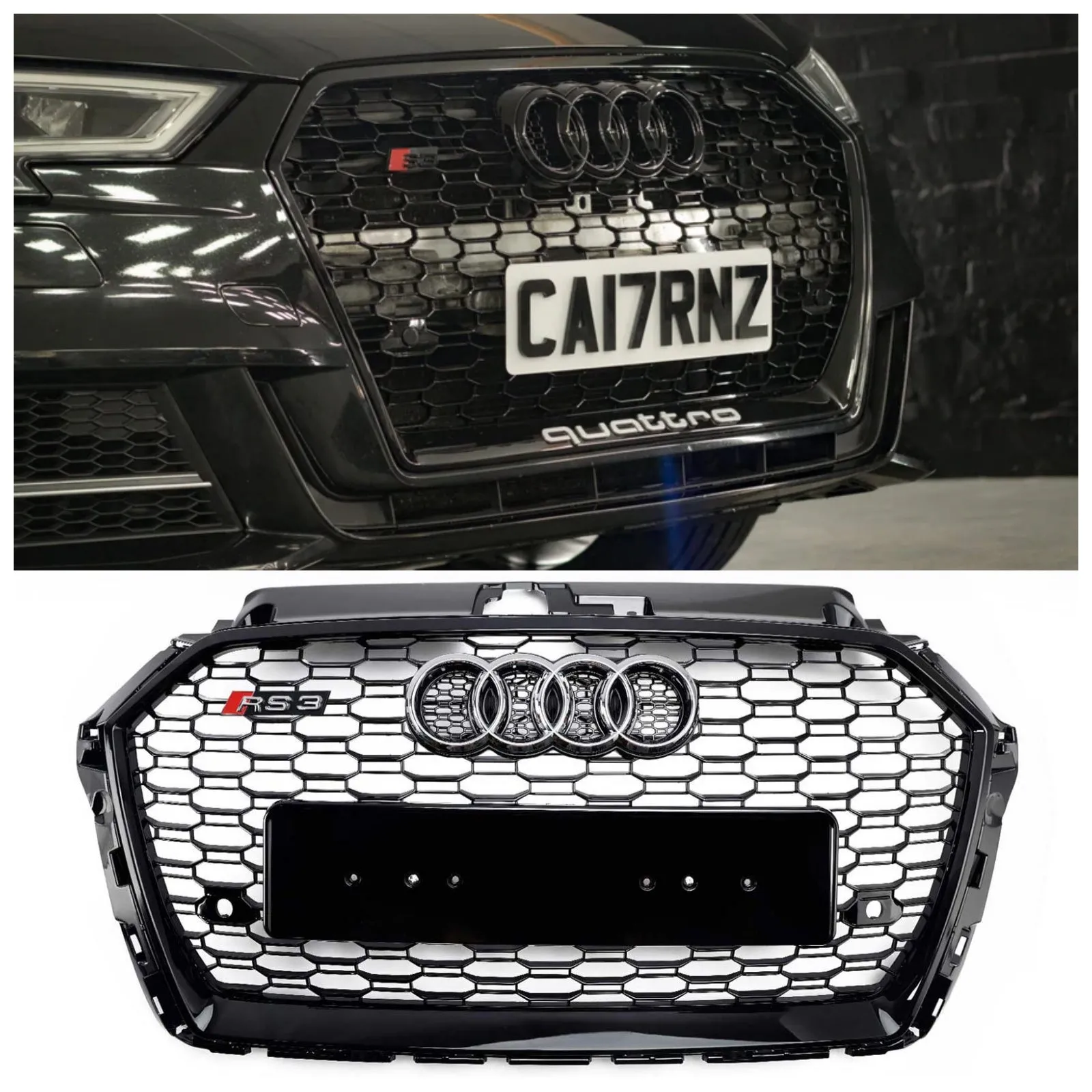 2017-2019 Audi A3/A3 Sline/S3 RS3 Style Nided Grill para parachoques delantero negro brillante con emblema del anillo