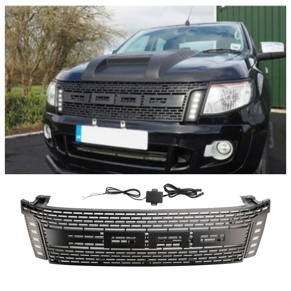 2012-2015 Ford Ranger T6 PX1 Raptor Grill Reemplazo de parachoques superior de la rejilla negra negra con luces LED