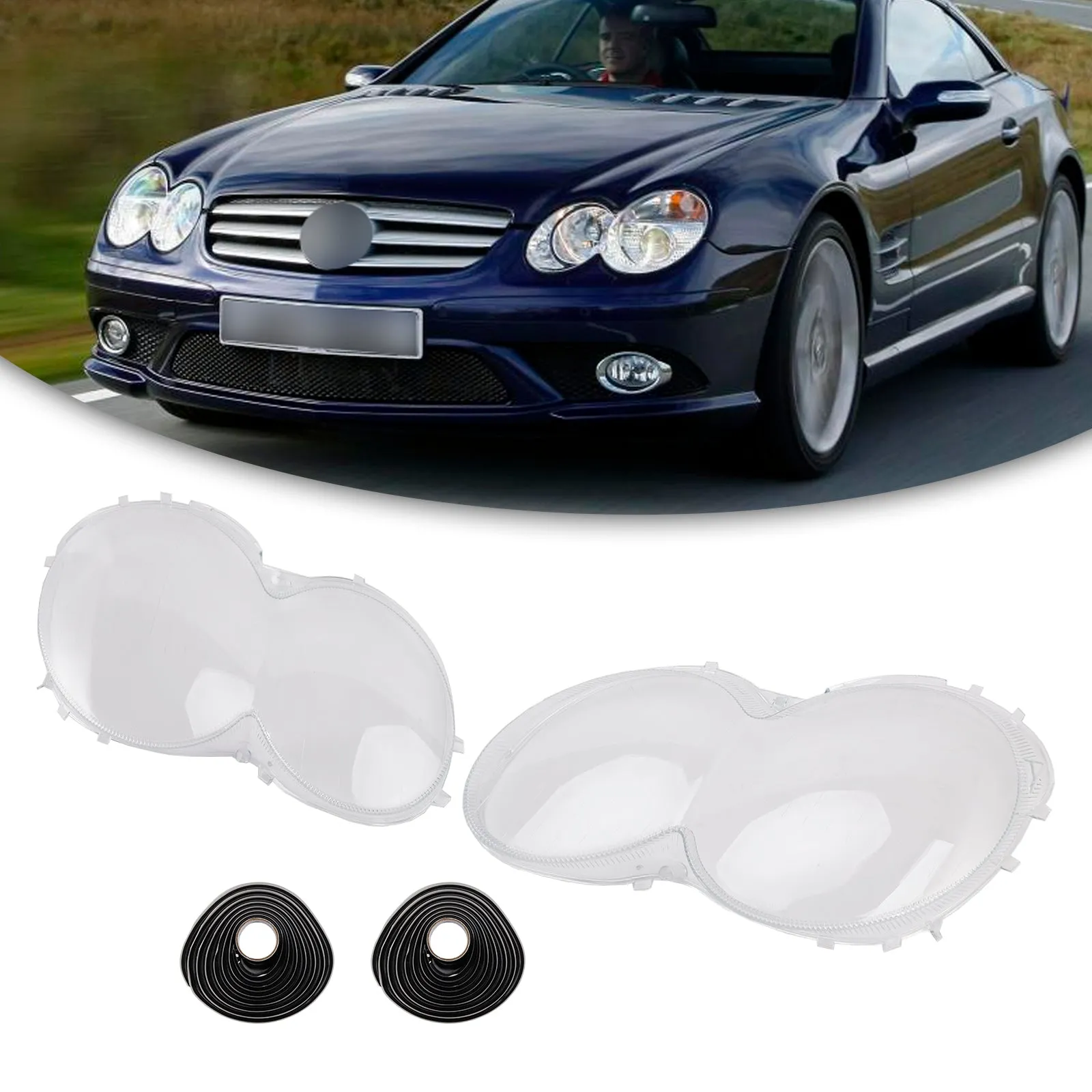 Juego de 2 cubiertas de faros delanteros y traseros para Benz W230/R230 SL500 SL600 (2003-2008) con pegamento