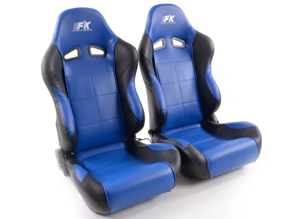 Juego Asientos Deportivos Set Comfort De Cuero Artificial Azul/Negro Fk Automotive