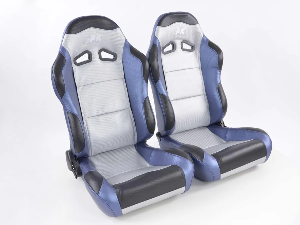 Juego Asientos Deportivos Spacelook Cuero Artificial De Carbono Plata/Azul/Negro Fk Automotive